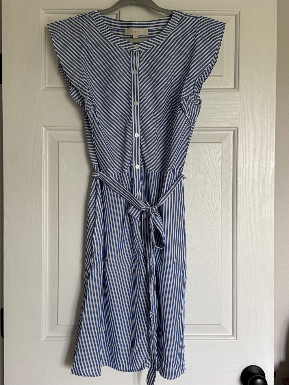 LOFT Blue and White Striped Button-Front Shirt Dress